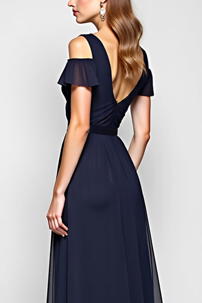 A Line Navy Cold Shoulder Long Wedding Guest Dress