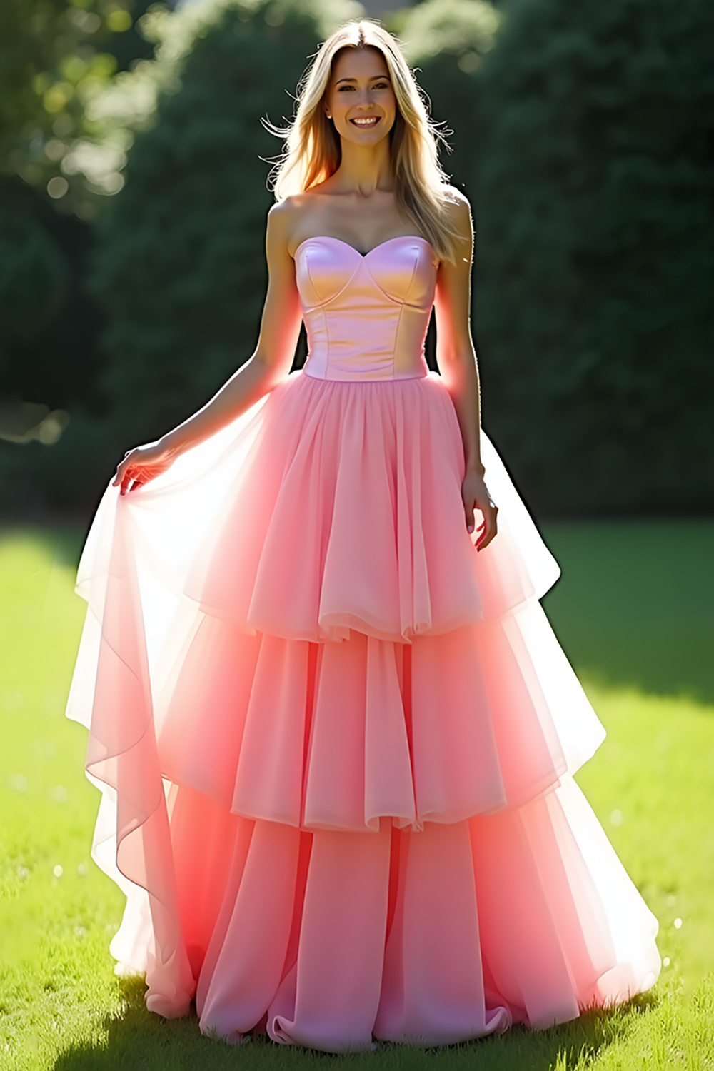 A-Linien-Abendkleid in Rosa mit herzförmigem Schnitt und Stufenrock