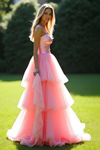 Vestido de fiesta largo con escote en forma de corazón en color rosa y corte A