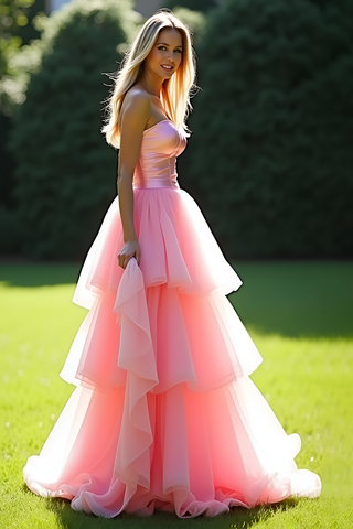A Line Pink Sweetheart Tiered Long Prom Dress