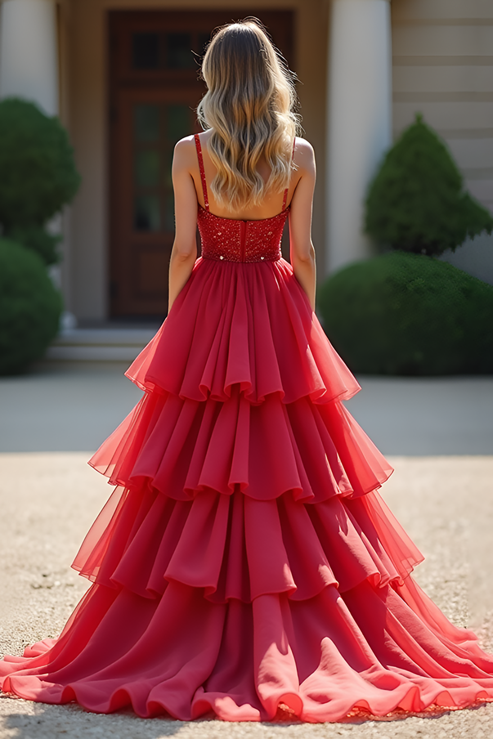 A-Linien-Abendkleid in Rot mit Rüschen und Stufenrock sowie Perlenstickerei