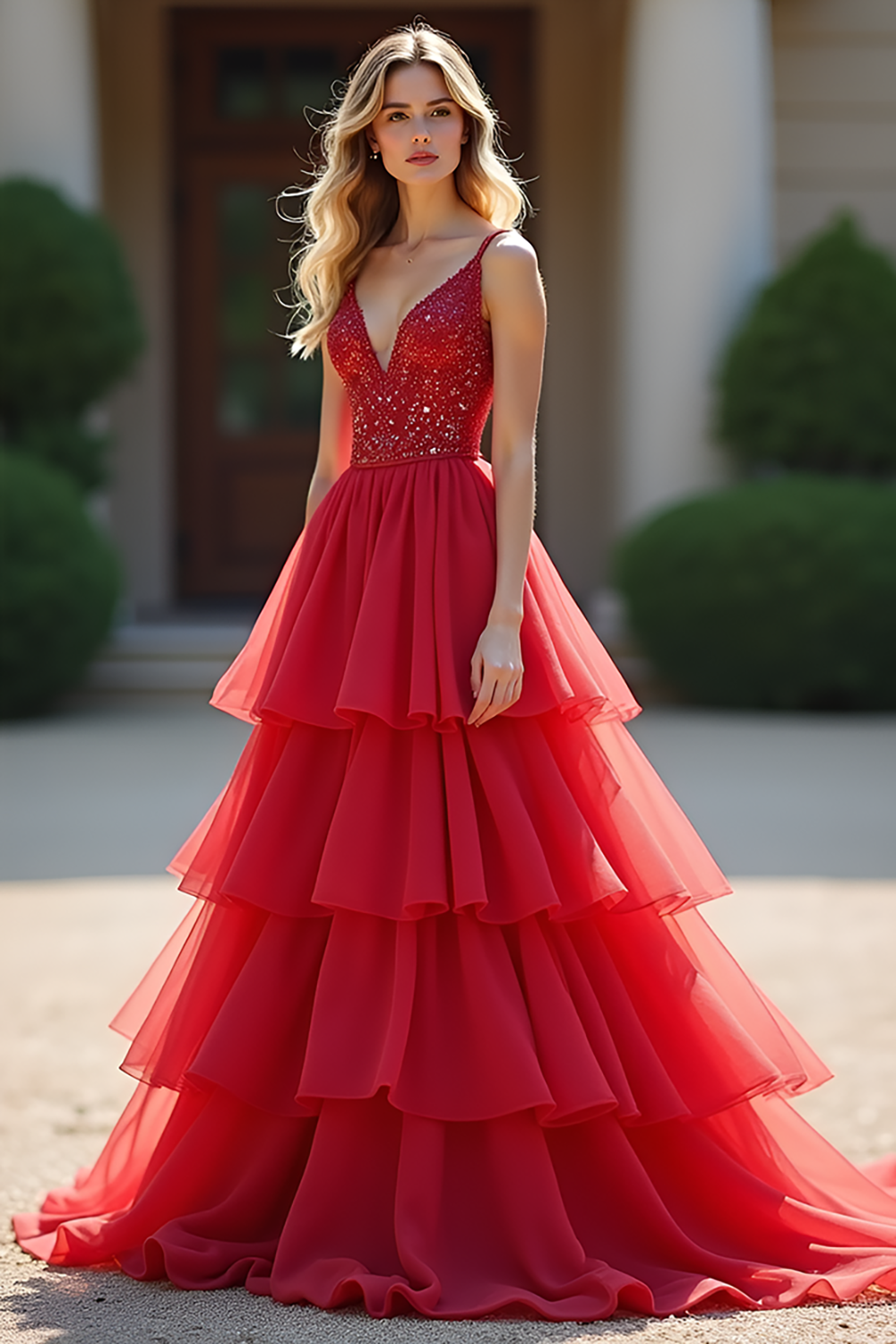 Vestido de fiesta largo en línea A con volantes rojos, capas y cuentas