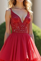 Vestido de fiesta largo en línea A con volantes rojos, capas y cuentas