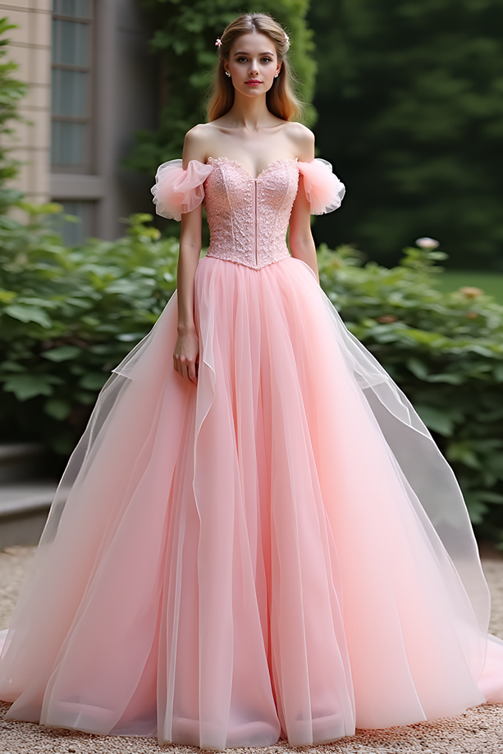 Vestido de fiesta largo de tul con encaje y volantes en color rosa