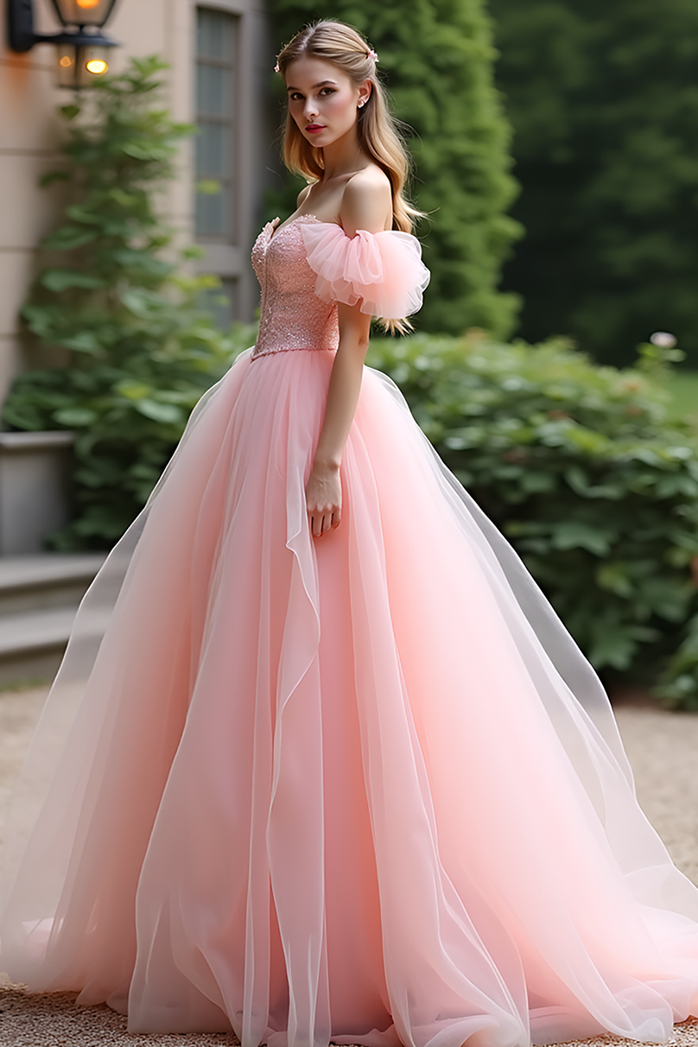 Langes, rosafarbenes Ballkleid aus Tüll und Spitze mit Rüschen