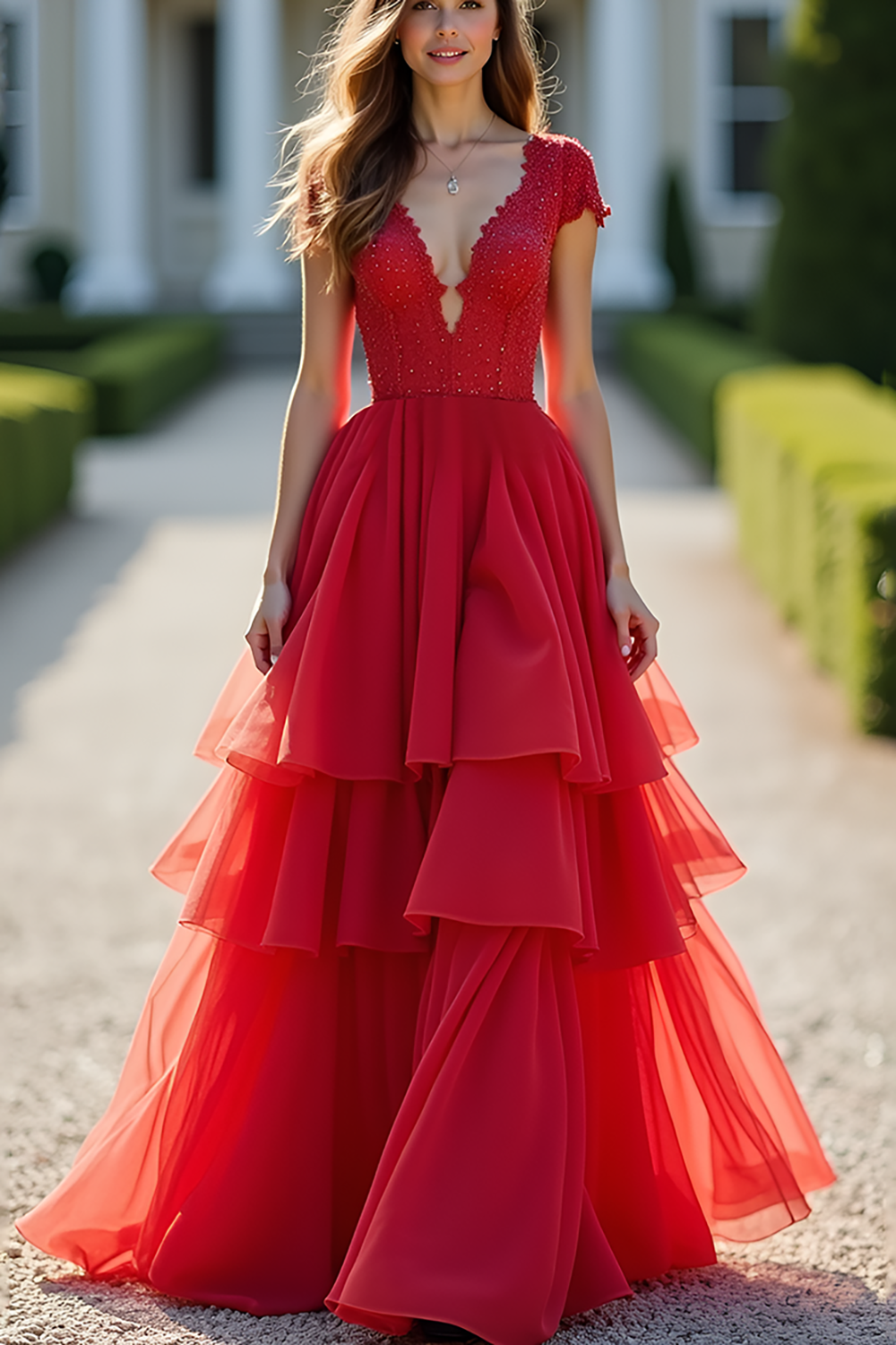 Langes, gestuftes rotes Spitzenkleid mit tiefem V-Ausschnitt in A-Linie