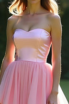 Rosa trägerloses, gestuftes, langes A-Linien-Abendkleid