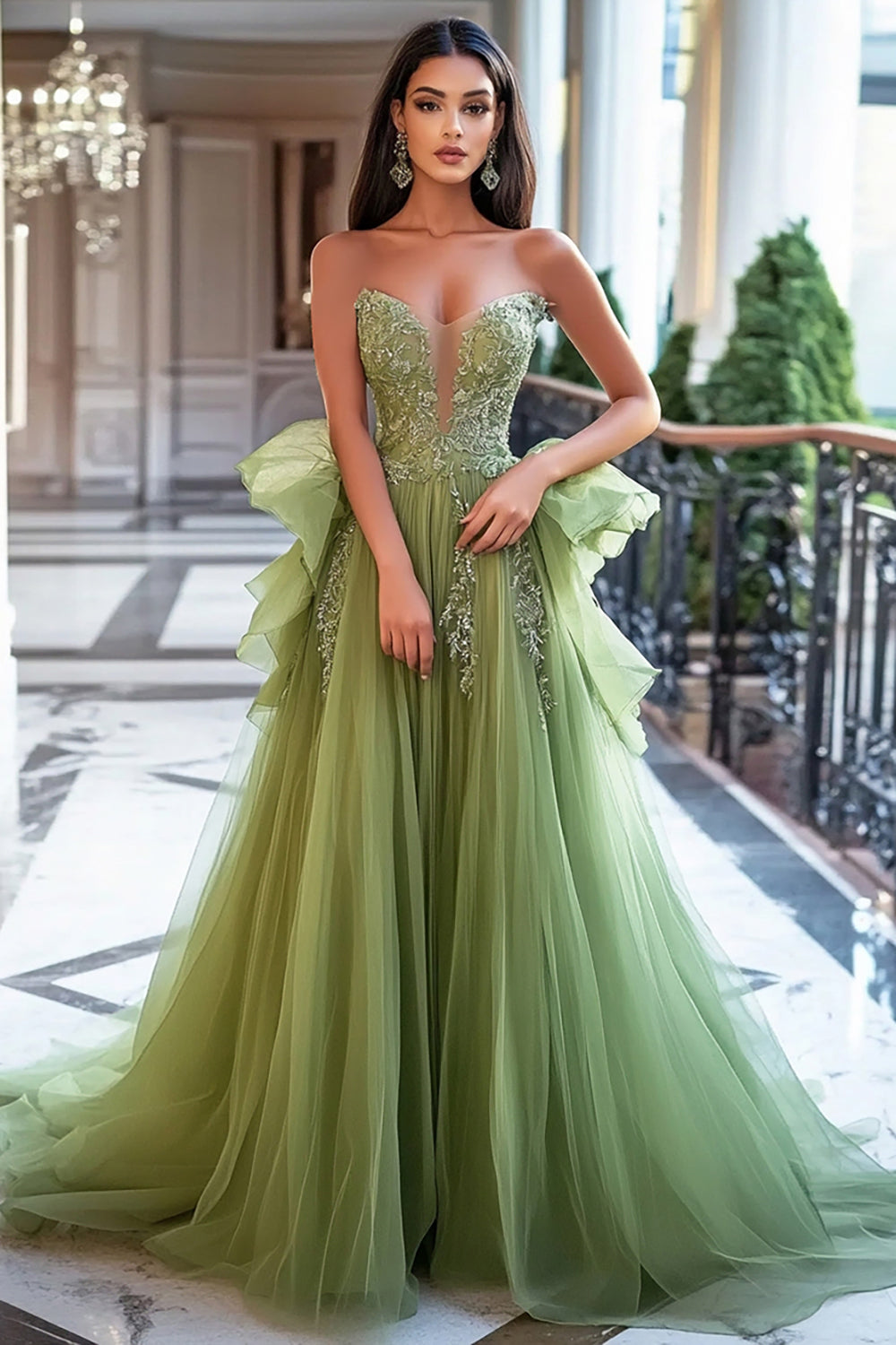 Langes, staubig-salbeifarbenes Tüll-Abendkleid in A-Linie mit Spitzenapplikationen