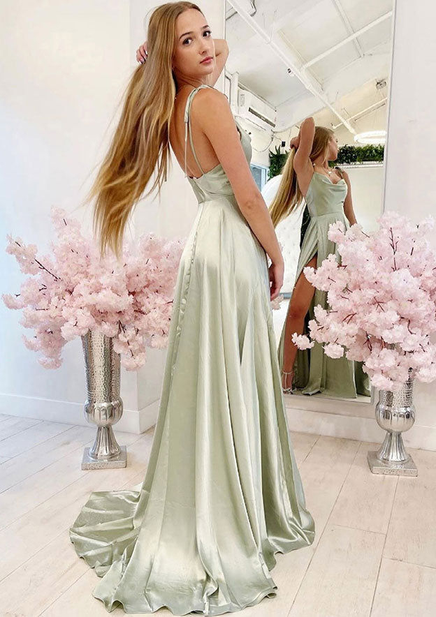 Ärmelloses, bodenlanges A-Linien-Abendkleid aus Charmeuse mit Wasserfallausschnitt und Faltenschlitz