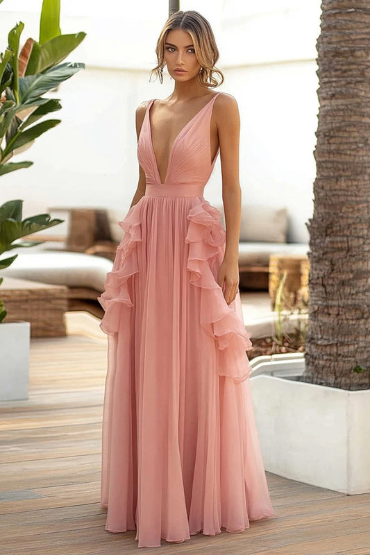 A Line Pink Chiffon Long Wedding Guest Dress with Ruffles
