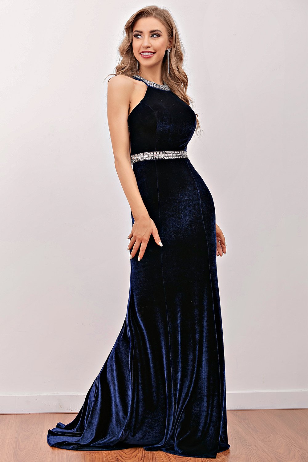 Langes, marineblaues Meerjungfrauen-Samt-Abendkleid