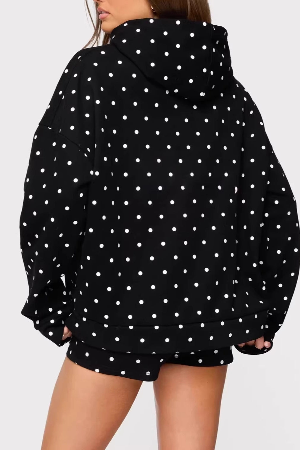 Black White Polka Dot Print Hoodie
