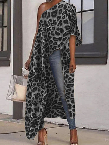 Stylish Leopard Printed Asymmetric One-Shoulder Loose T-Shirt Tops