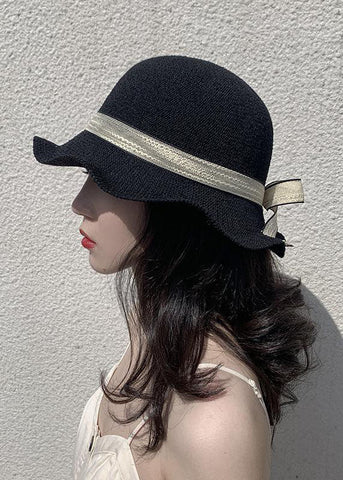 Sombrero de pescador tejido de paja con patchwork y lazo negro DIY 