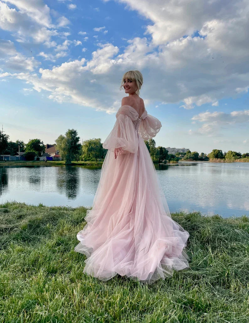 Veranstaltungskleid Puffy Tüllkleid Puffärmel Brautkleid Ballkleid Rosa Kleid für Fotos Korsettkleid