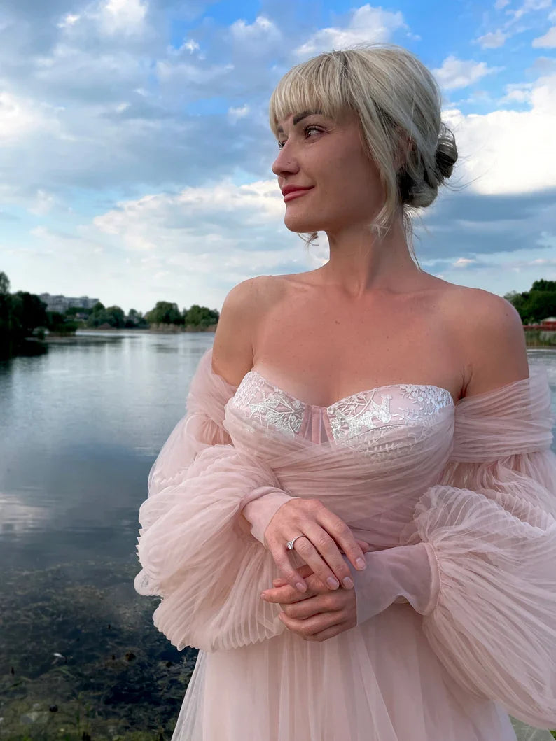 Veranstaltungskleid Puffy Tüllkleid Puffärmel Brautkleid Ballkleid Rosa Kleid für Fotos Korsettkleid