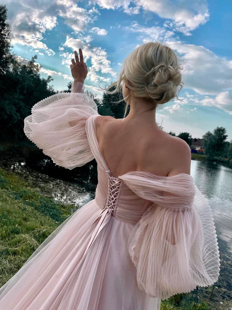 Veranstaltungskleid Puffy Tüllkleid Puffärmel Brautkleid Ballkleid Rosa Kleid für Fotos Korsettkleid