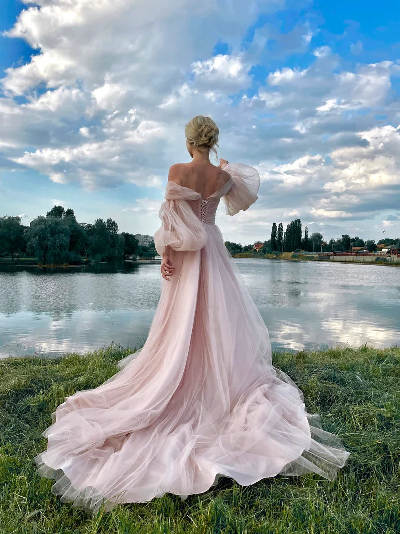 Veranstaltungskleid Puffy Tüllkleid Puffärmel Brautkleid Ballkleid Rosa Kleid für Fotos Korsettkleid