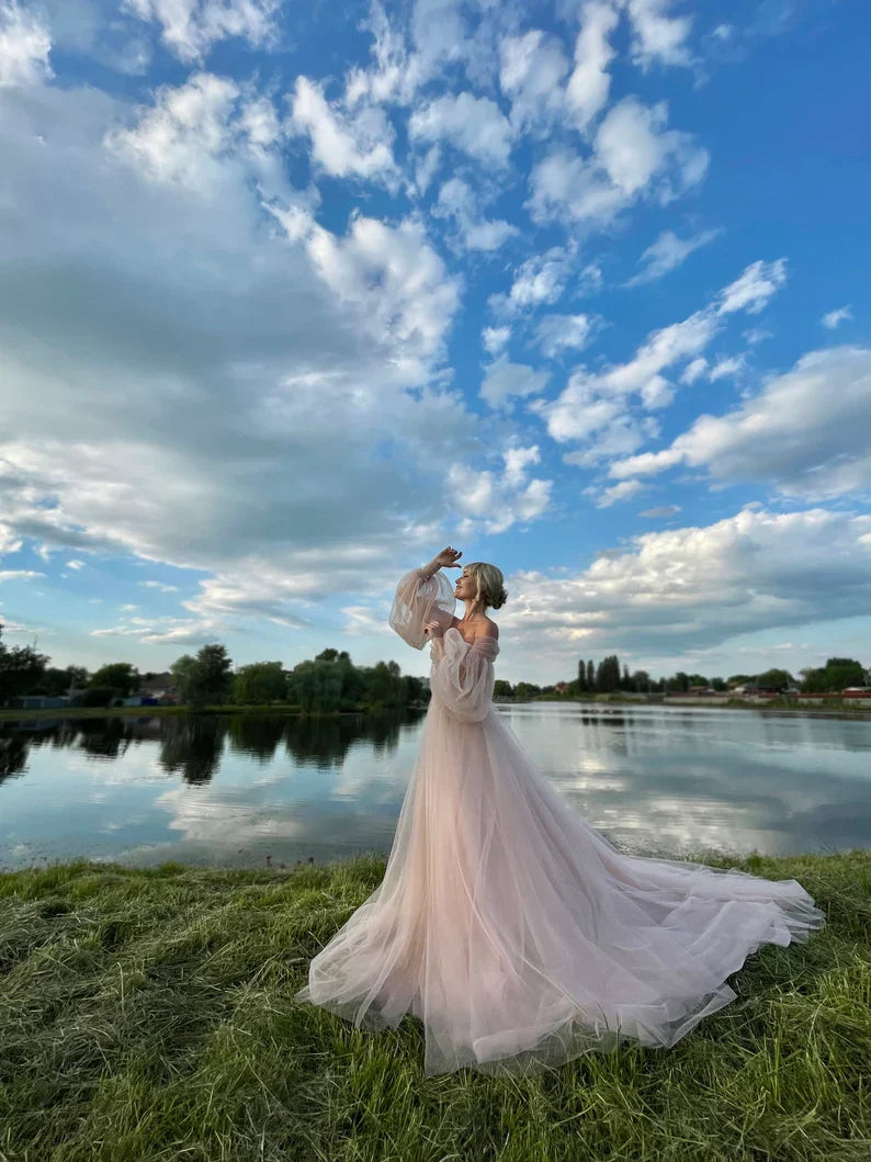 Veranstaltungskleid Puffy Tüllkleid Puffärmel Brautkleid Ballkleid Rosa Kleid für Fotos Korsettkleid