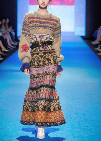 Vestido tipo suéter de algodón con cuello redondo y estampado, hecho a mano, de corte A, manga larga 