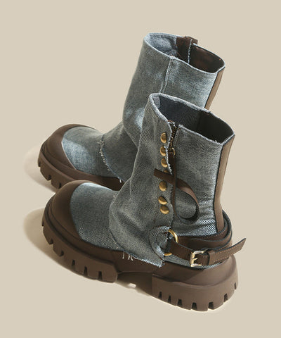 Blaue Plateau-Jeansstiefel aus Rindsleder 