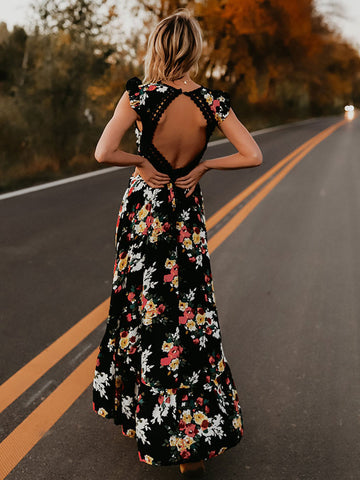 Floral Print Maxi Dress V Neck Backless High Low Split Long Summer Dress