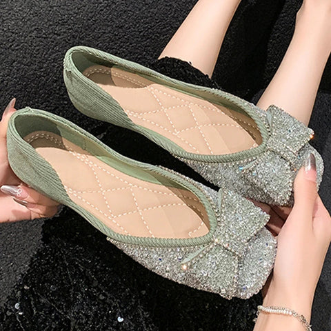 Pointed Toe Bling Bow Women Shoes 2024 Elegant Flats Shallow Sandals Autumn Designer Fad New Shoes Dress Party Chaussures Femme
