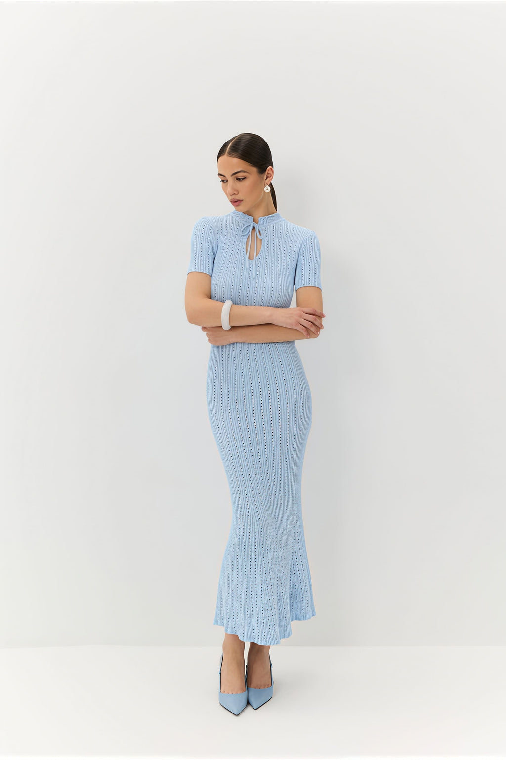 Candy Color Round Neck Short Sleeve Bodycon Knitted Maxi Dress