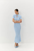 Candy Color Round Neck Short Sleeve Bodycon Knitted Maxi Dress
