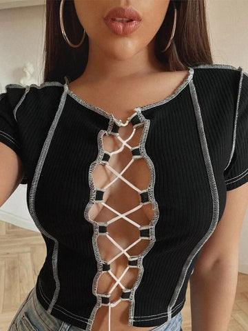 vintage Patchwork Broken Design Mesh Crop Top For Women Street Bandage Wear Tees Punk Style Long Sleeve T-shirt Female clothes
