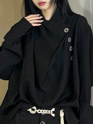 Blusas y camisas de manga larga, sueltas, asimétricas, plisadas, con abertura y cuello alto 