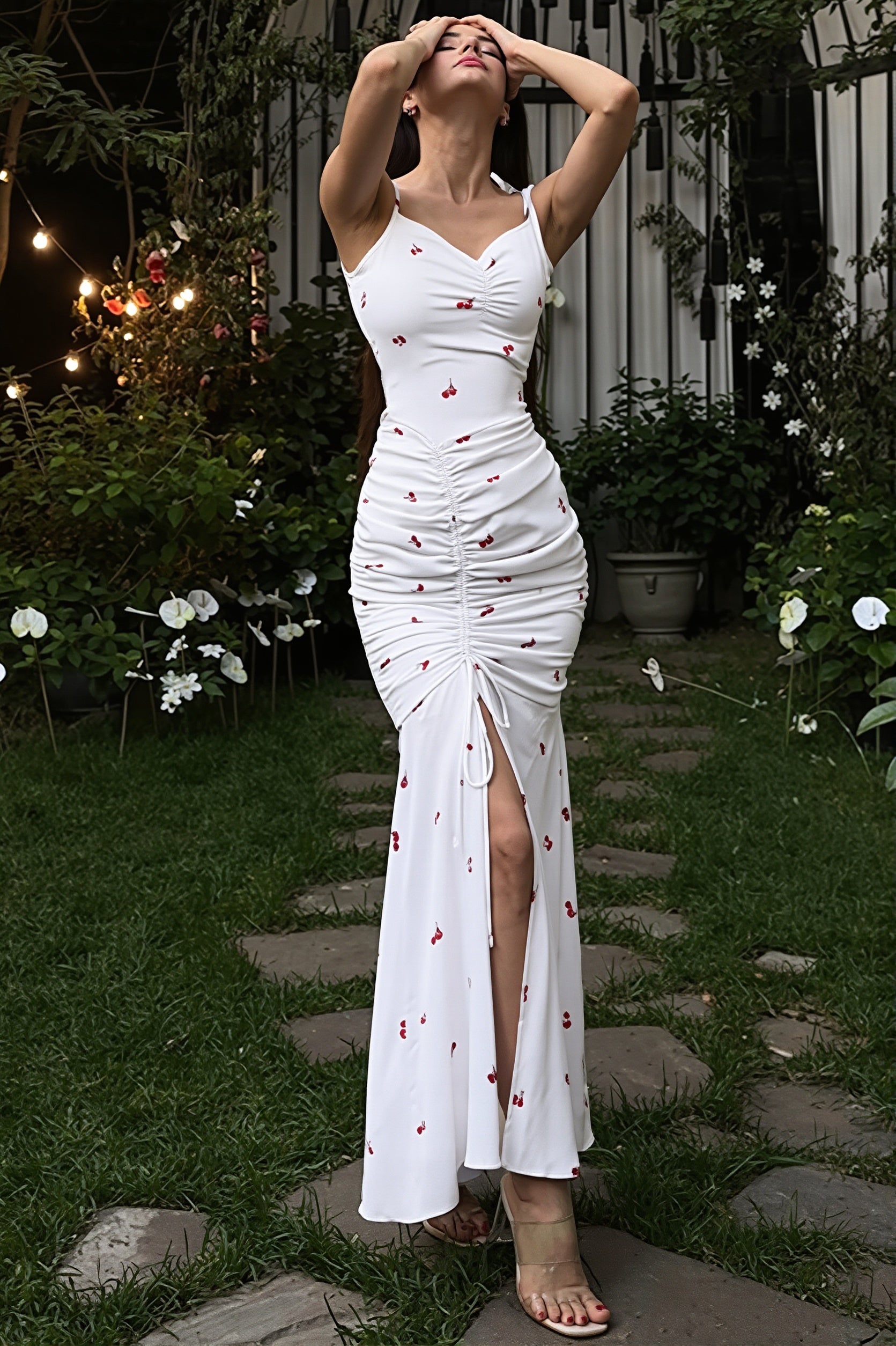 Chic Print Cami Ruched Slit Maxi Dress