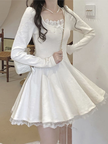 Süßes gestricktes Minikleid für Frauen, Langarm, Schleife, Spitze, quadratischer Kragen, Herbst, Frühling, A-Linie, Party, Robe, koreanische Y2K-Mode, Vestidos 