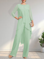 Zweiteiliger Jumpsuit/Hosenanzug, bodenlanges Chiffonkleid für die Mutter der Braut mit Paillettenbesatz und Rundhalsausschnitt.