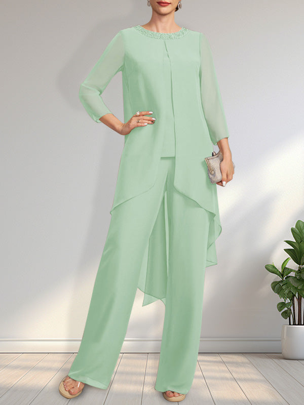 Vestido de gasa para madre de la novia, con escote redondo y largo hasta el suelo, con lentejuelas y abalorios, estilo mono/pantalón.