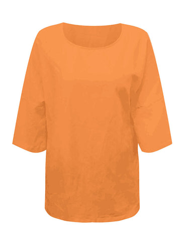 Leinen-T-Shirts mit Dreiviertelärmeln, einfarbig, geteiltem Schnitt und seitlichem Schlitz, Rundhalsausschnitt 