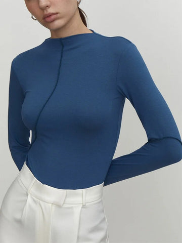 Camiseta de manga larga ajustada para mujer, estilo chic, de primavera y otoño, con cuello alto, básica, estilo urbano 