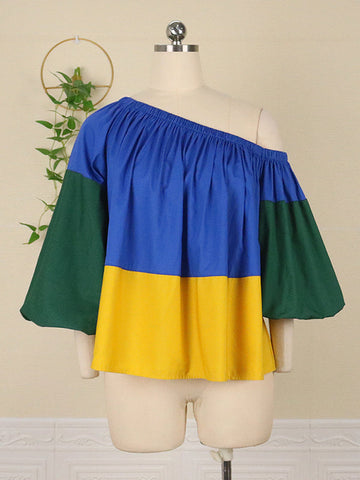 Loose Belted Color-Block Falbala One-Shoulder Shirts Tops