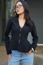Solid Fitted Ruffled Hem Long Sleeve Knit Cardigan