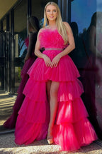 Fuchsia A-line High-Low Strapless Ruffled Tulle Prom Dress with Feathers