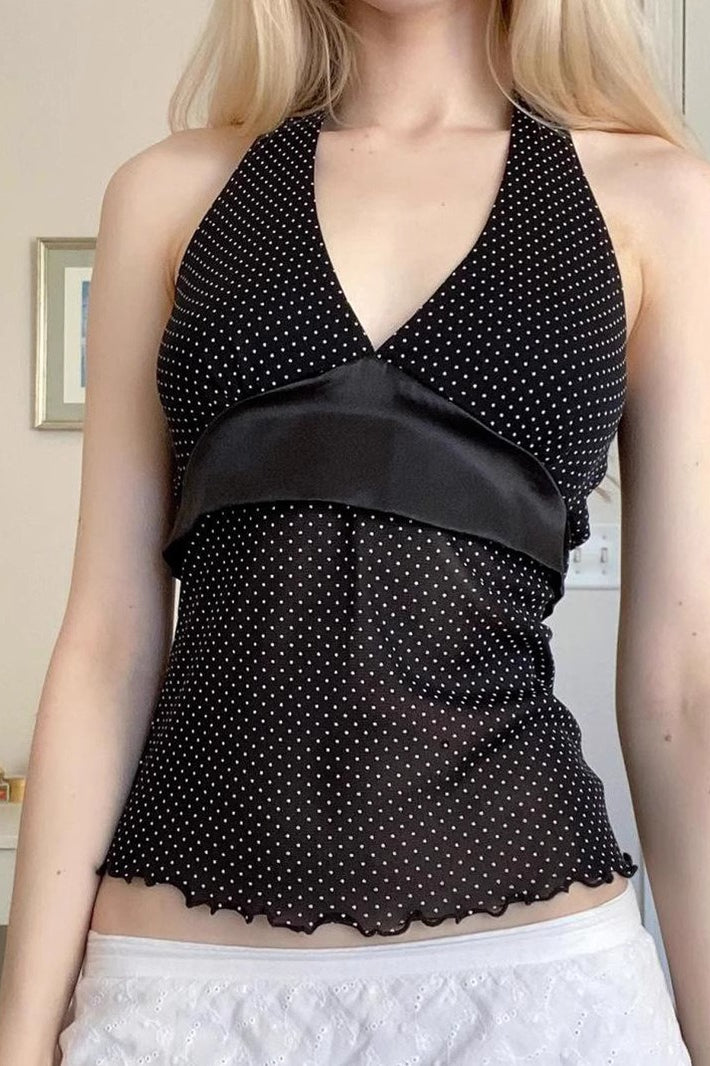 Polka Dot Satin Bow Tie Backless Halter Crop Top