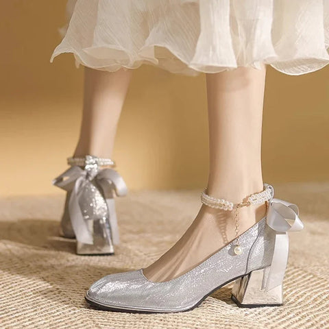 Spring Bling Mary Janes String Bead Shoes Women Bow Mid Heels Shoes 2024 Pumps New Mujer Wedding Fashion Elegant Zapatos Shallow
