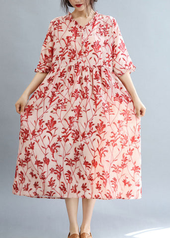 Vestido de fiesta de lino con estampado de volantes rojos, manga corta, hecho a mano 