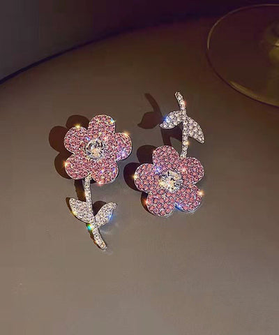 Neue modische rosa Organza Blume Kristall Quaste Ohrringe 