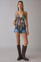 Chiffon Tie Halter Ruffle Blouse