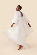 Full Flare Jacquard Ruched Puff Sleeve Backless Tie Maxi Dress