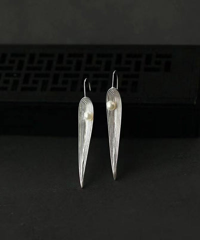 Pendientes colgantes de hojas de bambú con perlas de plata de ley y seda para mujer 
