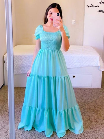 A-Linien-Kleid, gesmokt, kurze Ärmel, gestufte Rüschen, Sommer-Maxikleider 