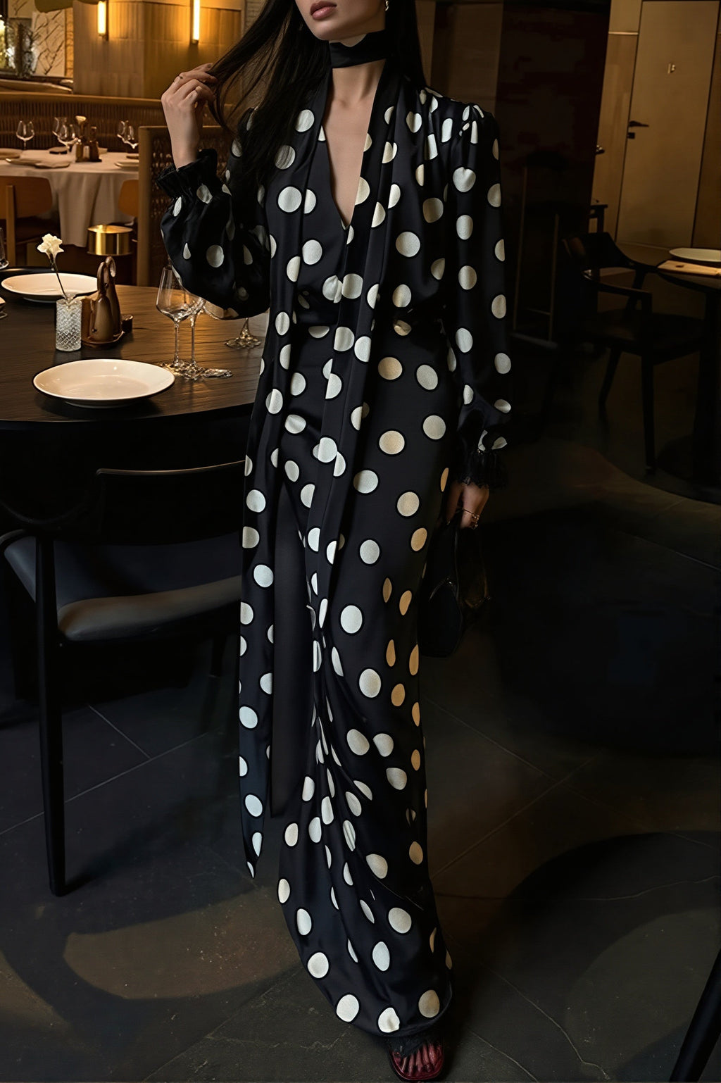 Vintage Polka Dot Sash Maxi Dress
