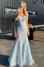 Light Mermaid Spaghetti Straps Long Beaded Prom Dress